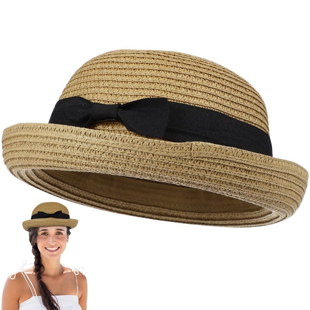 5892 Straw Sun Hat - Light Coffee Summer Wide Brim Beach Hat for Swimming